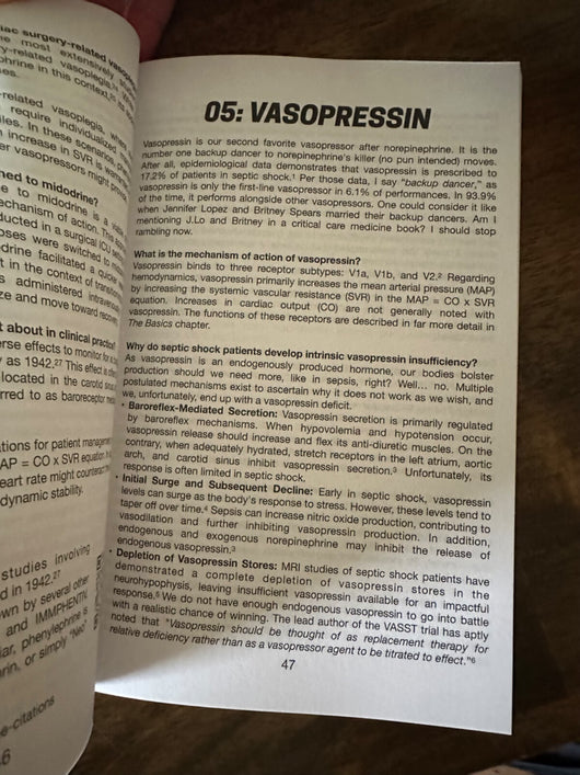 Inside page 47 — Vasopressin chapter showing the practical Q&A writing style